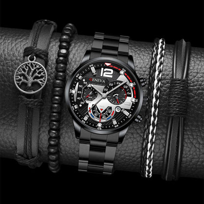 2pcs Men's New Popular Steel Strip Fashion Business Three Eye Quartz Watch Bracelet Set Valentine's Day Gifts - BuyFlex