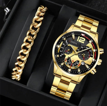 2pcs Men's New Popular Steel Strip Fashion Business Three Eye Quartz Watch Bracelet Set Valentine's Day Gifts - BuyFlex