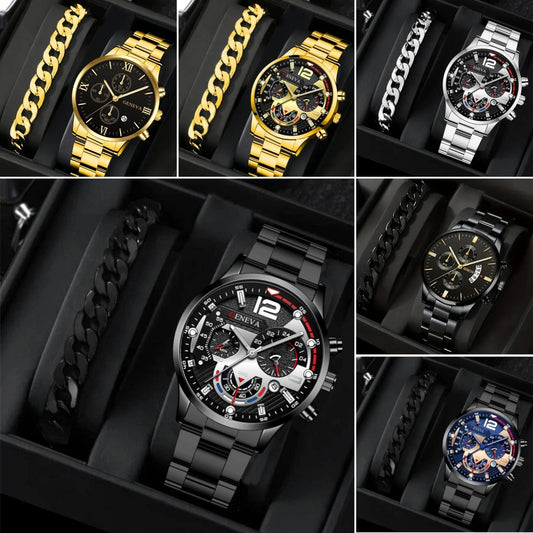 2pcs Men's New Popular Steel Strip Fashion Business Three Eye Quartz Watch Bracelet Set Valentine's Day Gifts - BuyFlex