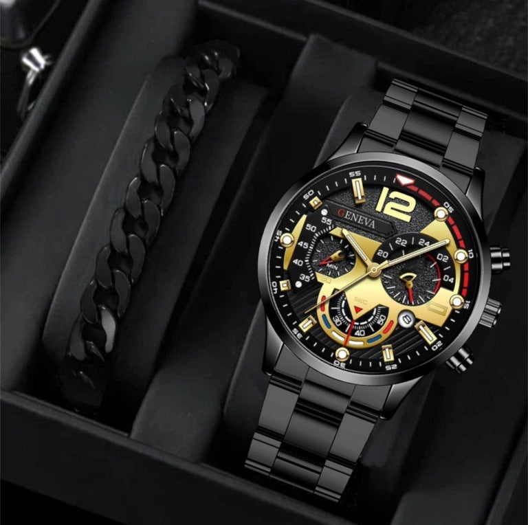 2pcs Men's New Popular Steel Strip Fashion Business Three Eye Quartz Watch Bracelet Set Valentine's Day Gifts - BuyFlex