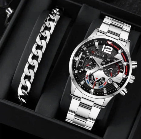 2pcs Men's New Popular Steel Strip Fashion Business Three Eye Quartz Watch Bracelet Set Valentine's Day Gifts - BuyFlex